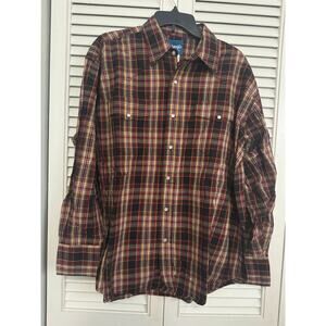 Wrangler Rancher Shirt Red Yellow Black Pearl Snap Button Down Flannel Sz: XL